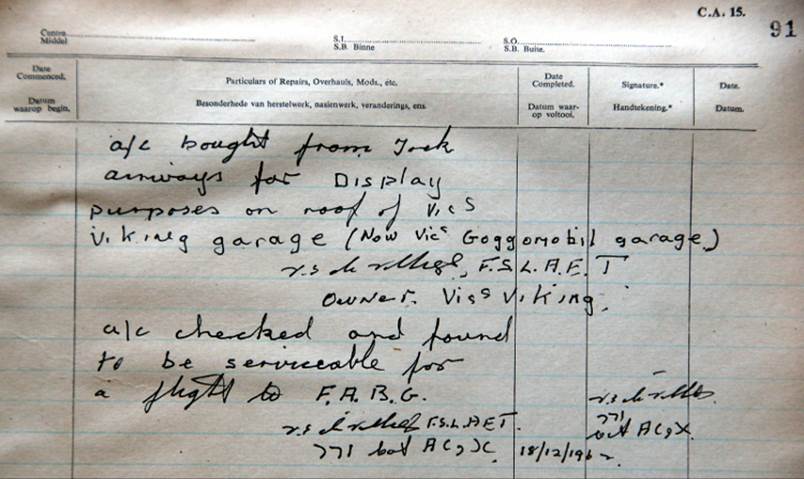 ZS-DKH Vickers Viking Vic's Viking Garage Victor Edward de Villiers logbook